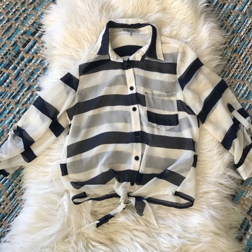 Sheer White & Navy Stripe Button Up w/ Tie